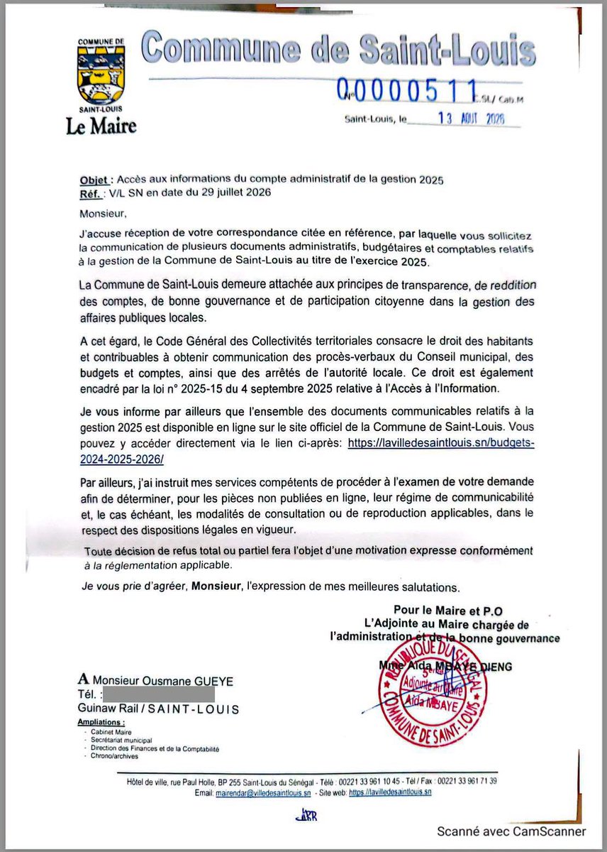 GueyeUsman1's tweet photo. Mansour FAYE m’a répondu ! Mais…

J’avais adressé à Monsieur le Maire de la Commune de Saint-Louis une demande écrite de communication de documents administratifs, budgétaires et comptables relatifs au Compte administratif de la gestion 2025… 1/7 https://t.co/A1ED3keair