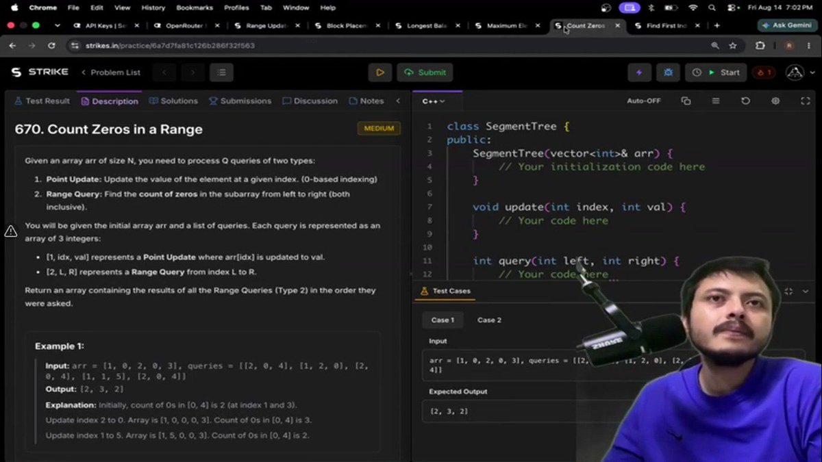 AzadKumar161440's tweet photo. 🚀 Day 27 | Dynamic Programming & Segment Tree Journey 🌲🌴
Longest Balanced Subarray II
✅ Maximum Element & Its Frequency
✅ Block Placement Queries
✅ Count Zeros in a Range
#Day27 #DP #SegmentTree #LazyPropagation #DSA #CoderArmy #RohitNegi #AdityaTandon #Dp30 https://t.co/zV8cOMJRde