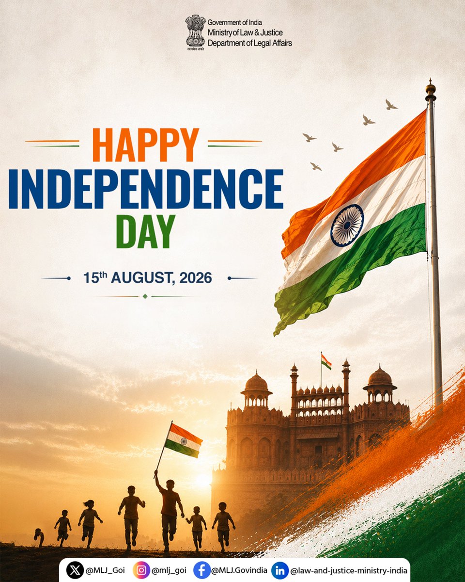 MLJ_GoI's tweet photo. On Independence Day, the Department of Legal Affairs pays tribute to the countless freedom fighters whose courage, sacrifice and unwavering resolve secured India's freedom.

#IndependenceDay
#DLA

(1/2) https://t.co/kVUsDNzZCm