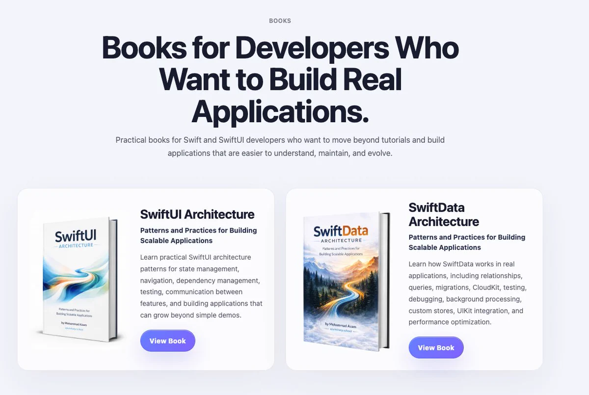 Looking for some great architecture books to read this weekend. 

Check out my two books SwiftUI Architecture and SwiftData Architecture. 

https://azamsharp.school/books.html

#iosdev #swiftui 