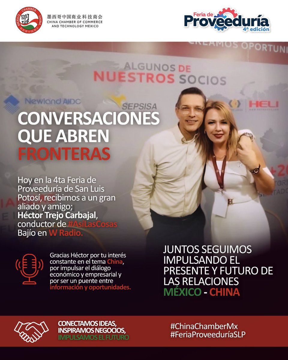 chinachambermx's tweet photo. CONVERSACIONES QUE ABREN FRONTERAS 🇲🇽🇨🇳

En el marco de la 4ª Expo Proveeduría de San Luis Potosí, recibimos en nuestro booth a @hector_trejo1, conductor de #AsíLasCosas Bajío de @WRADIOMexico, con quien tuvimos oportunidad de conversar sobre China, negocios y las oportunidades para fortalecer los vínculos económicos entre México y China desde los medios de comunicación.

El dialogo se llevó a cabo con @dianagamboal, Subdirectora de China Chamber México, con quien se ha fortalecido la relación en distintos espacios para abordar estos temas desde una perspectiva económica y empresarial en voz de nuestro presidente ejecutivo, @VicenteRoqueni, nuestra vocal presidente de la Junta de Gobierno @AmapolaGrijalva y el Director General, @sergiohuertap.

China Chamber México,  impulsando espacios de diálogo que acerquen información y oportunidades al sector empresarial.

Conectamos negocios. Creamos oportunidades.

#ChinaChamberMexico #MexicoChina #ExpoProveeduria #SanLuisPotosi #China #Negocios #Comercio #Inversion