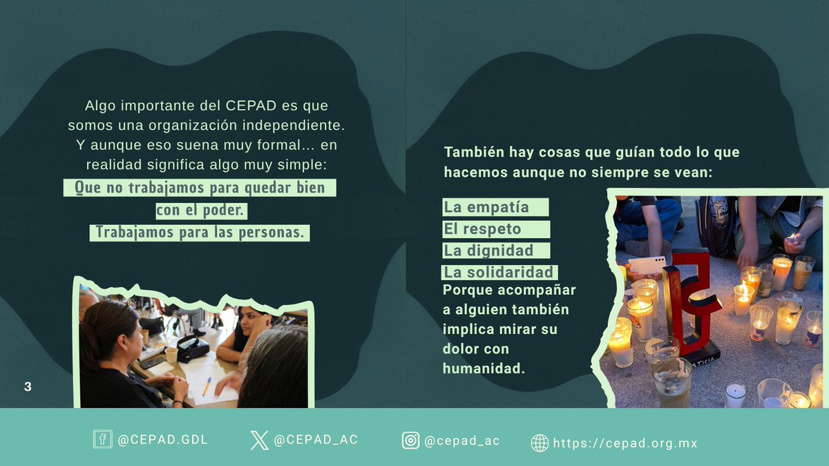 CEPAD_AC's tweet photo. 🤍💚🫂 Caminando con CEPAD

🤍  Hay historias que conocemos poco, incluso de quienes acompañan luchas todos los días.

Hoy queremos contarte algunos capítulos de la historia del CEPAD que enmarcan nuestra esencia. 💚 

Porque detrás de cada organización también hay aprendizajes, desafíos y muchas personas caminando juntas. 🫂 

 Desliza para conocer más sobre nosotras y #CaminemosJuntxs 
#CaminandoConCEPAD
#CaminamosJuntxs 

@PorAmorAEllxs
@LuzEsperanz_ofi
@CieloColectivo
@RedTDT
@5deJunioMemoria
@antimonumento5j
@UJRMJalisco
@GuerrerosJalisc
@GlorietaMx
@ObsLegislativo
@DesaparecerEnMx