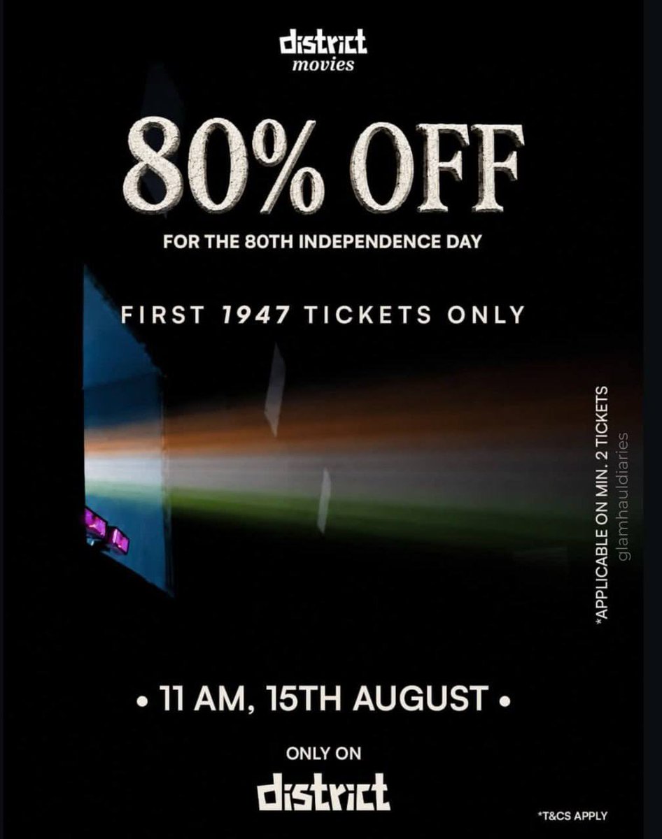 dealztrendz's tweet photo. District Movie Ticket Loot

Get 80% OFF on movie ticket bookings via the District app

Offer Starts at 11:00 AM, 15th August Sharply

It’s Valid for first 1,947 bookings and First come, first served only 

All movie tickets are eligible

Book Minimum 2 tickets and get instant 80% OFF up to ₹250

Example : Book 2 tickets at ₹150 each (Total: ₹300).

80% OFF = ₹240 discount.
Pay only ₹60 for 2 tickets.

Final discount depends on total ticket value, capped at ₹250.