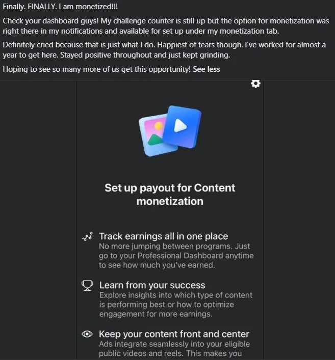 Facebook dashboard showing 'Set up payout for Content monetization' option now live after nearly a year