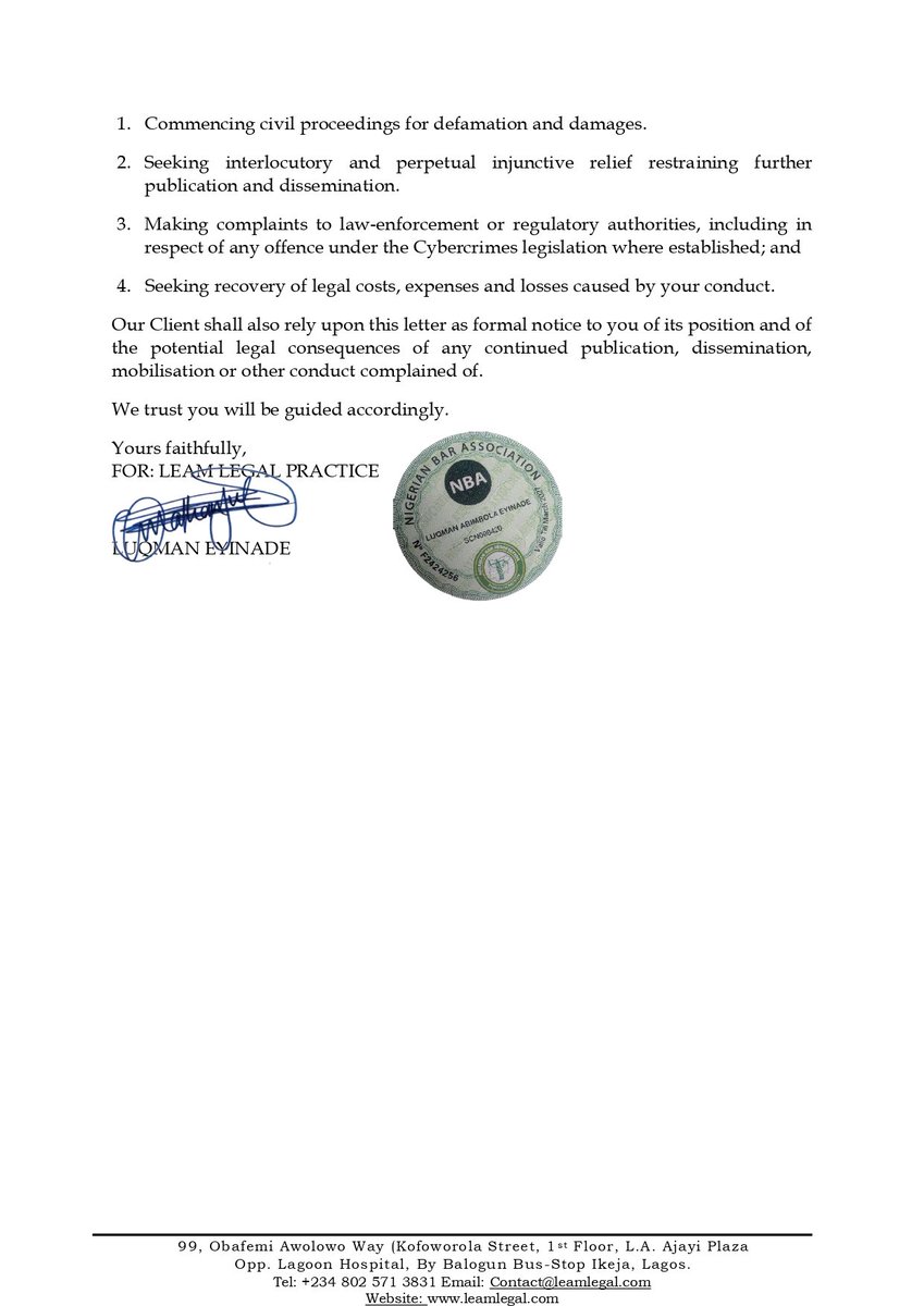 LeamLegal's tweet photo. We act as Solicitors to Hans and Rene Limited.

Mr. Akinyemi Leo Mayana @Akinyemi_mayana please take notice that a Formal Cease and Desist Notice issued on behalf of our Client has today been served on you concerning your recent publications and conduct directed at our Client. https://t.co/to35j60H1t