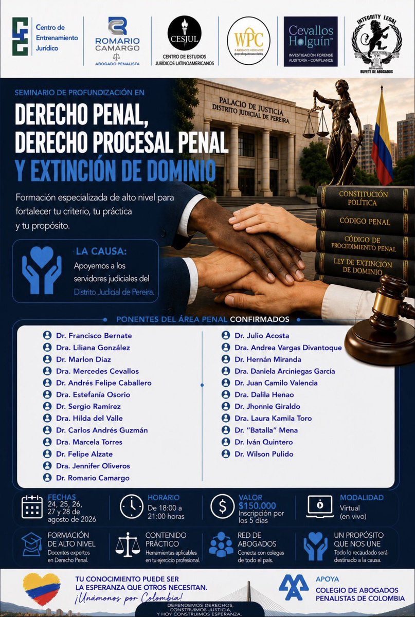 valenciajc's tweet photo. Quiero agradecerle al @CPenalistas de Colombia por este evento benéfico que tiene como fin apoyar a los servidores judiciales del Distrito de Pereira. El terremoto reconstruyó lo que algunas veces la sociedad pierde, que es la “solidaridad” gracias por apoyar mi tierra. Mi gratitud con los ponentes confirmados. Gracias señor presidente @fbernate gracias a la junta directiva y a Uds. Dres.  @Lulyheg @PipeCab @LauraKamilaToro @FelipeAlzate3 @RomarioPizarro