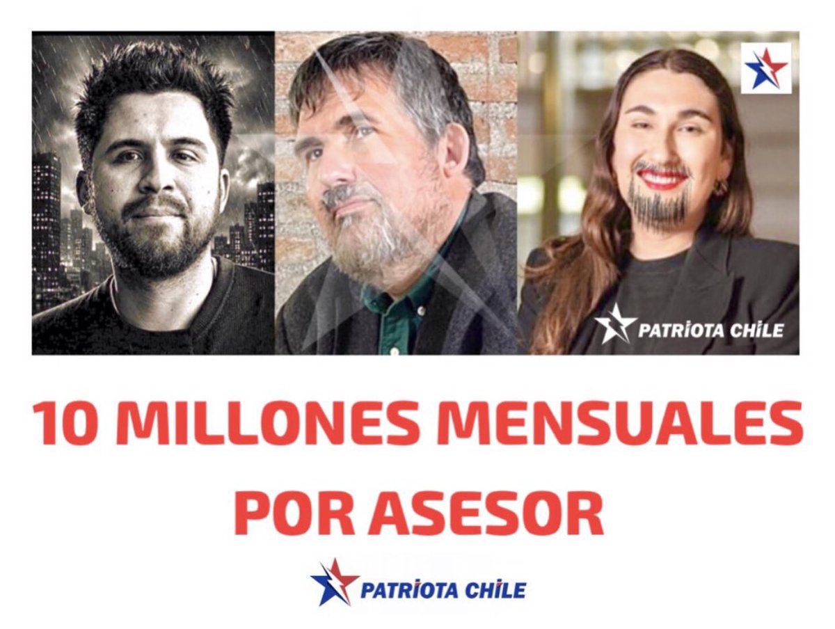Soubirous_33's tweet photo. 🔴 URGENTE | Patriotas, EMILIO SCHNEDER, DARÍO QUIROGA y El Insurrecto GUSTAVO GATICA, se “Gastan” 10 MILLONES MENSUALES en Asesores FANTASMAS. (Por Cada uno). Se quedan con esos Dineros. ¡Que se sepa! RT @min_interior @Contraloriacl https://t.co/4DEieRlbwK