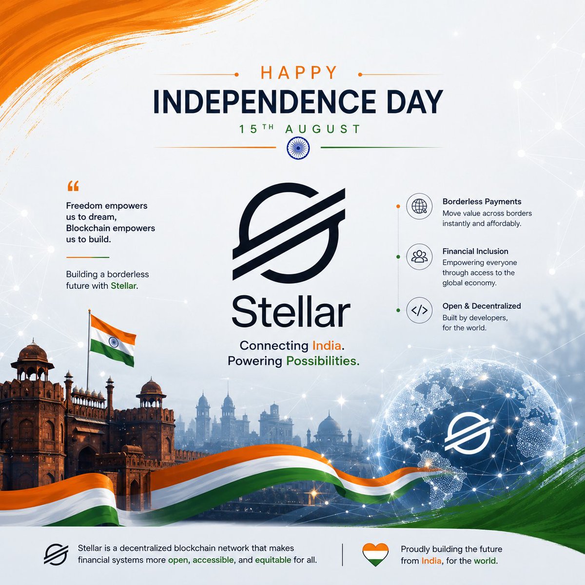 web3vilash's tweet photo. Freedom inspires innovation. 🚀

Building open, borderless, and decentralized systems is one way we shape the future.
Proud to be part of the Stellar ecosystem with @IND_stellar .

Happy Independence Day! 🇮🇳

#IndependenceDay #Stellar #Web3 #BuildOnStellar #Blockchain https://t.co/DZ3V8ujB3X