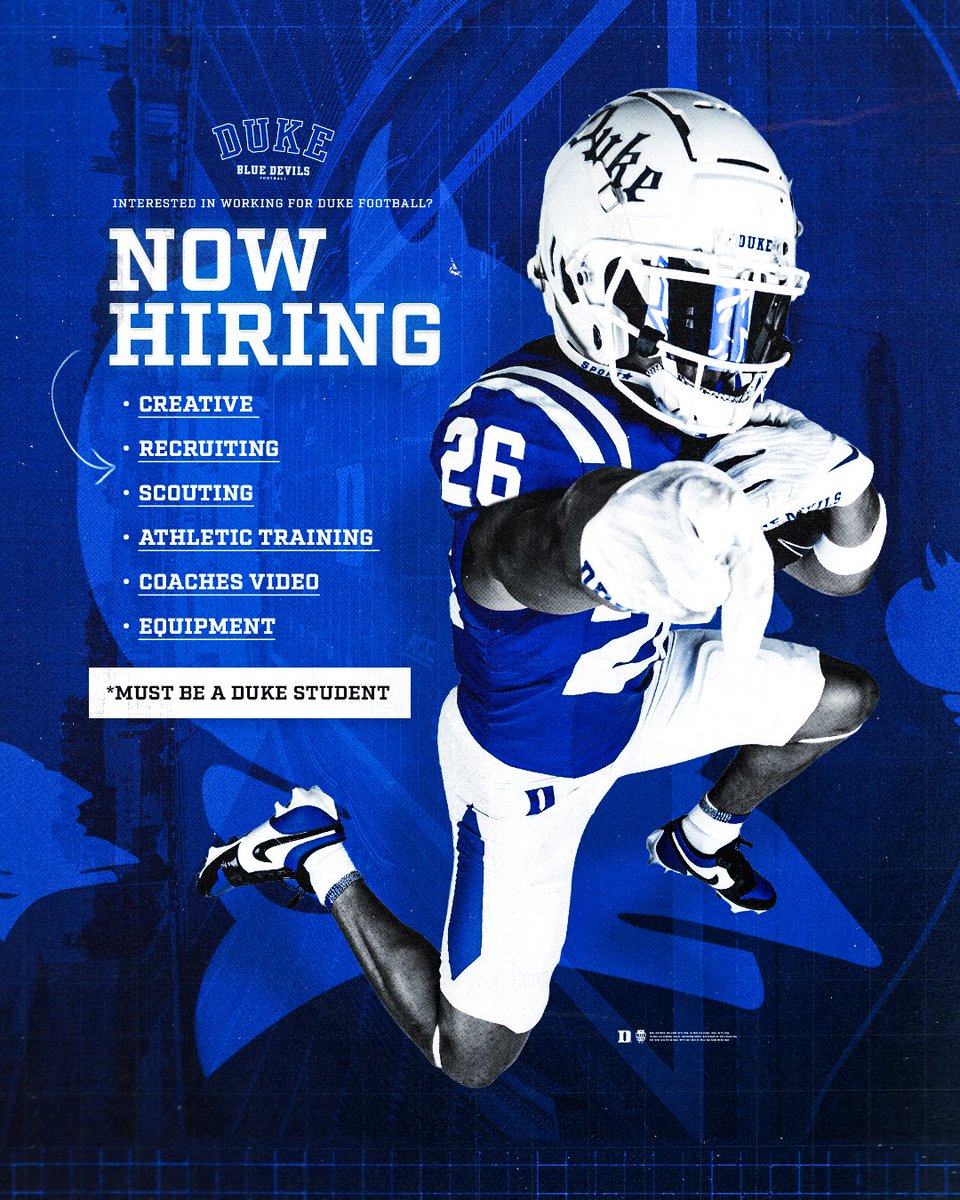 DukeFOOTBALL's tweet photo. DUKE STUDENTS! Interested in joining our team? 👀⬇️

Apply: https://t.co/ndGPUzybK2 https://t.co/t9PB03gmhm