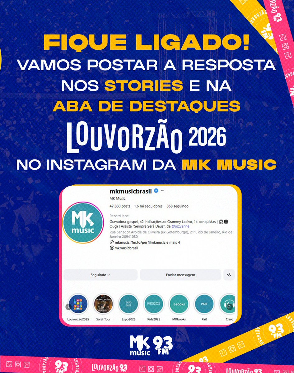 MKMusicBrasil's tweet photo. O Louvorzão 2026 é amanhã! 🙌🏼
E para matarmos a saudade de edições anteriores, lançamos o #QuizLouvorzão2026, com 5 perguntas para você testar todo o seu conhecimento. 🧐🤔
E aqui vai a ÚLTIMA PERGUNTA…
#Louvorzao2026 #Louvorzão93 #MKMusic #Rádio93FM https://t.co/3q9jxXpMwz