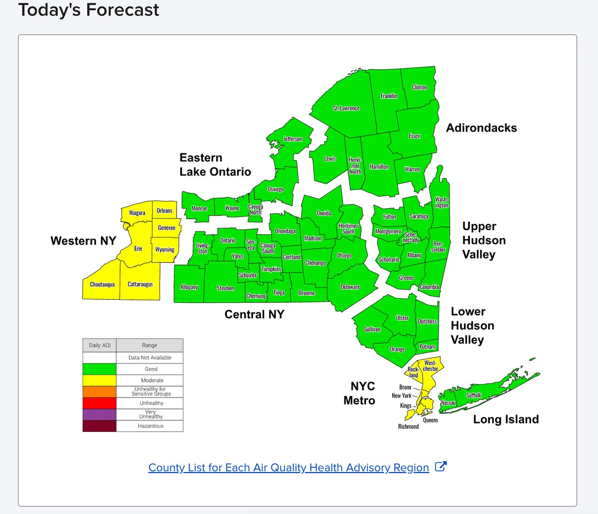 A New York State map with counties color coded by air quality index.