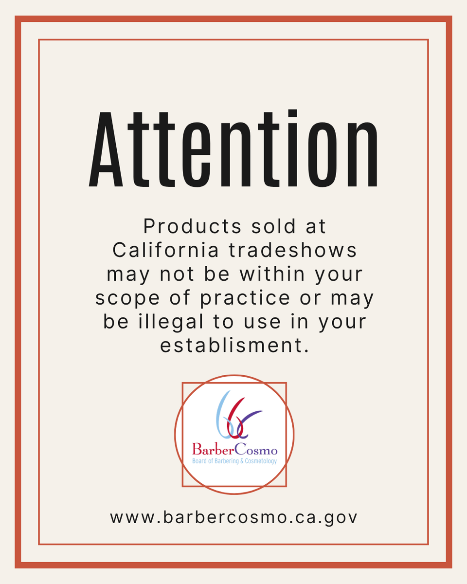 CA_BBC's tweet photo. Attention: Products sold at the California tradeshows may not be within your scope of practice or may be illegal to use in your establishment. https://t.co/Kd2p9V9bNF