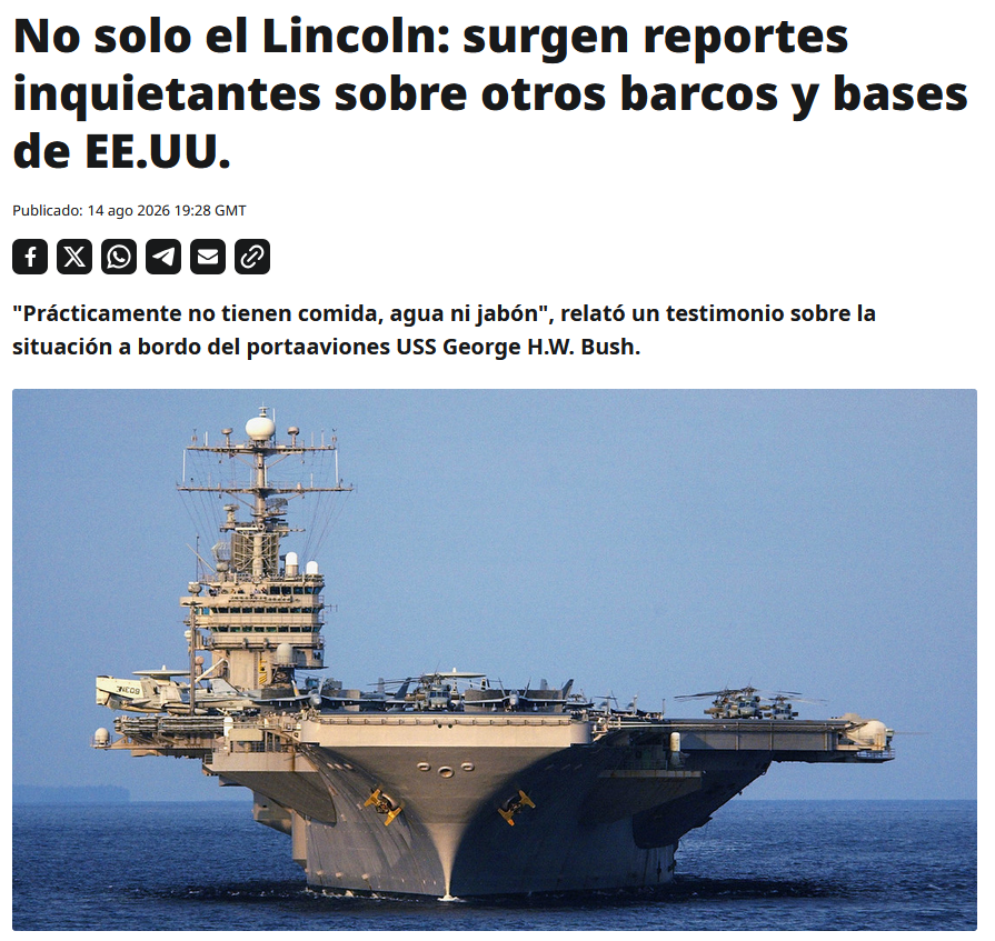 ActualidadRT's tweet photo. Un militar actualmente desplegado junto al Lincoln confirmó que los problemas descritos en ese portaaviones no son inventados ni exclusivos de esa nave. "No están inventando nada en el Lincoln", escribió. https://t.co/w6ki0flmJC