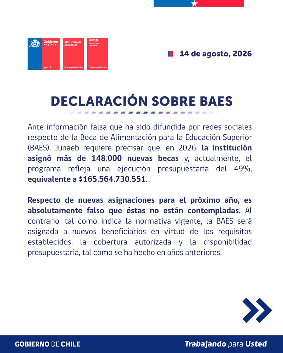 junaeb's tweet photo. 🚨 ¡Aclaración importante sobre la BAES! 

 Ante la circulación de información falsa en redes sociales respecto a la Beca de Alimentación para la Educación Superior (BAES), compartimos nuestra declaración y aseguramos que en 2027 habrá nuevos beneficiarios y renovantes. https://t.co/vT2vce5Blx