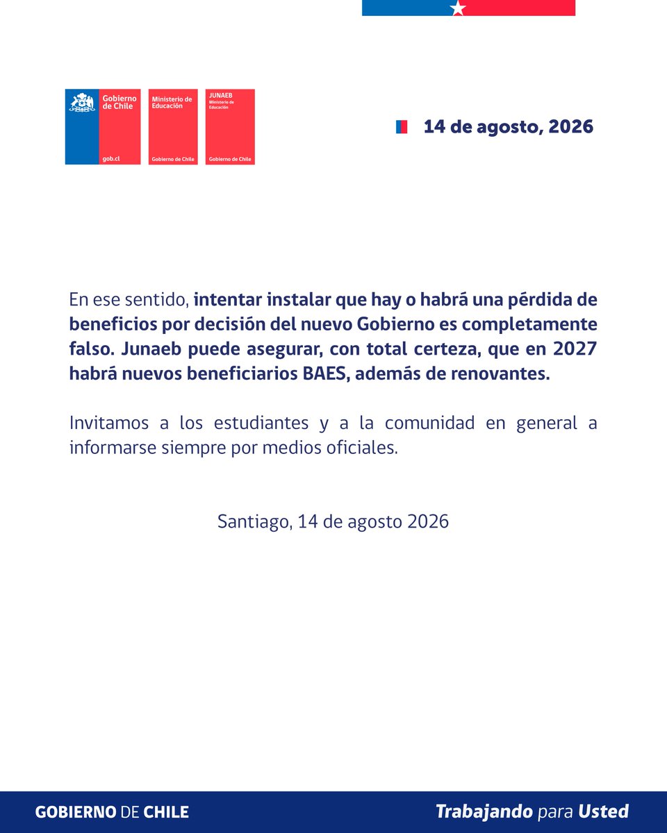junaeb's tweet photo. 🚨 ¡Aclaración importante sobre la BAES! 

 Ante la circulación de información falsa en redes sociales respecto a la Beca de Alimentación para la Educación Superior (BAES), compartimos nuestra declaración y aseguramos que en 2027 habrá nuevos beneficiarios y renovantes. https://t.co/vT2vce5Blx