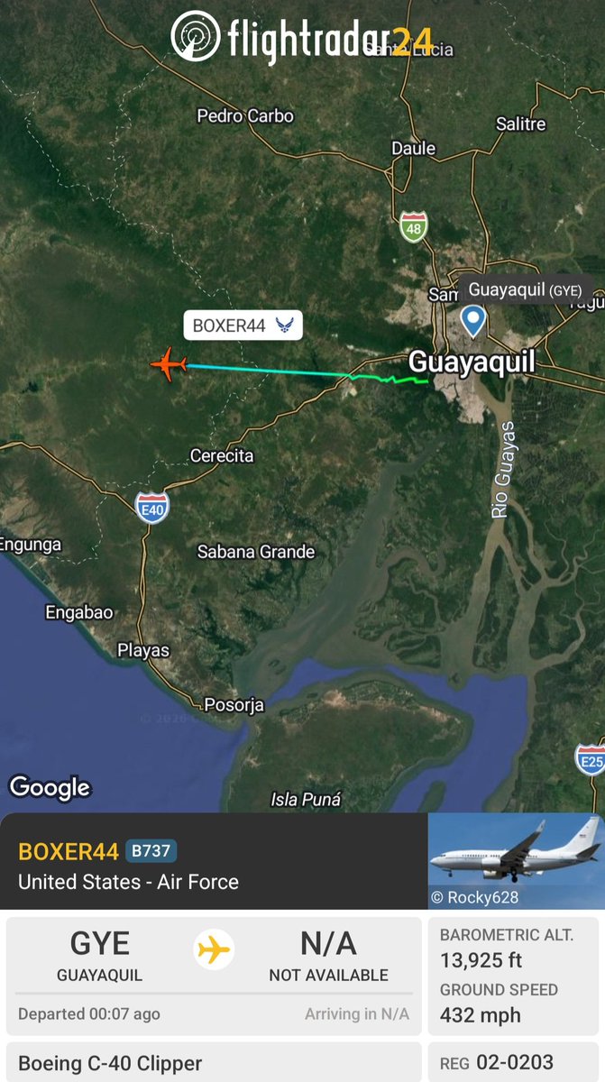 Borrowed7Time's tweet photo. USAF C-40 Clipper 02-0203 #AE11FA BOXER44 departing Guayaquil. Aircraft arrived from JB Andrews 13 Aug.
@sipjack1776 @SA_Defensa @LatAmMilMVMTs @LadyAstroJet https://t.co/zYwyAP1kUg
