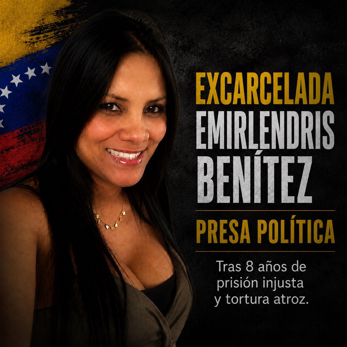 andreina's tweet photo. EMIRLENDRIS BENÍTEZ: 8 AÑOS DE PRISIÓN INJUSTA Y TORTURA ATROZ 

El 5 de agosto de 2018, Emirlendris Benítez salió de Barquisimeto junto a su pareja. Tenía una vida sencilla: era comerciante, madre y estaba embarazada.

Nunca volvió a casa.

Ese día fue detenida por funcionarios venezolanos que la vincularon  con el supuesto atentado con drones contra Nicolás Maduro. 
Los cargos eran tan graves como absurdos: 
terrorismo, asociación para delinquir, traición a la patria y homicidio intencional frustrado.
Emirlendris siempre negó estas acusaciones.

Durante su reclusión fue sometida a torturas y malos tratos: golpes, aislamiento en celdas de castigo y lo más doloroso: la pérdida de su embarazo. Las secuelas físicas de la tortura fueron tan graves que posteriormente necesitó una silla de ruedas para movilizarse.

En agosto de 2022, después de cuatro años detenida, fue condenada a 30 años de prisión, la pena máxima en Venezuela.

Amnistía Internacional considera su detención arbitraria y ha denunciado tortura, violencia de género, falta de un juicio justo y condiciones de reclusión inhumanas. 

Hoy... Emirlendris fue excarcelada después de OCHO AÑOS de prisión injusta y un trato inhumano, en uno de los casos más crueles de presos políticos que se haya registrado bajo el mando del chavismo.

#Venezuela #liberenatodoslospresospolíticos