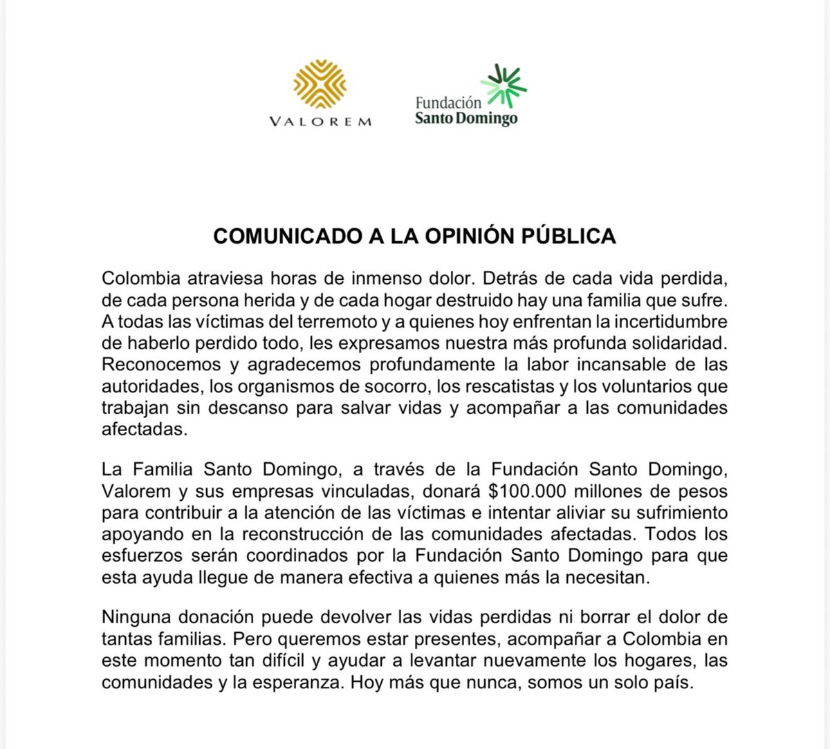 ricarospina's tweet photo. Atención: La familia Santo Domingo dona 100 mil millones de pesos para la reconstrucción de las zonas devastadas por el terremoto del lunes pasado. Vía @BluRadioCo https://t.co/dmOiuM7cvU