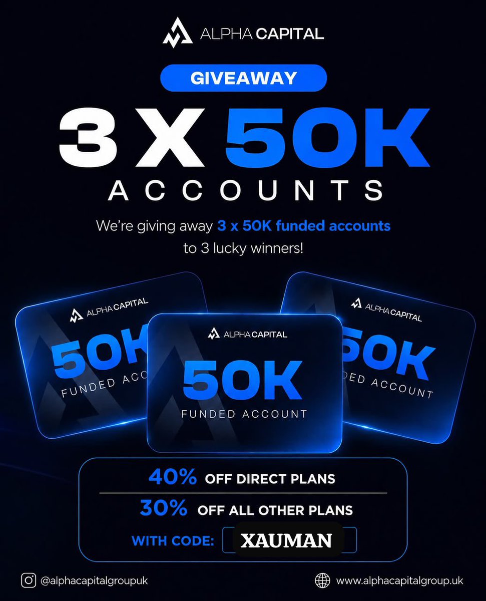 khaleepsonfx's tweet photo. 🚨PARTNERSHIP ANNOUNCEMENT + GIVEAWAY! 🎉🔥

I’m excited to officially announce my partnership with @AlphaCapitalUK! 🤝

To celebrate, we’re giving away 3 × $50K Pro Challenge Accounts to 3 lucky traders! 💰🚀

🎁 HOW TO ENTER:

🔸 Follow @AlphaCapitalUK @khaleepsonfx 
🔸 Like & Repost this post
🔸 Quote this post and tag 3 traders
🔸 Sign up using my link:
👉 https://t.co/bsGnKqlauP

🔥 You can also get 40% OFF ALL ACCOUNTS using my discount code:

XAUMAN — 40% OFF

Good luck, traders! 🍀📈

Winners announce after 7 days 

#AlphaCapital #Giveaway #FundedTrader #PropFirm #Forex #Trading