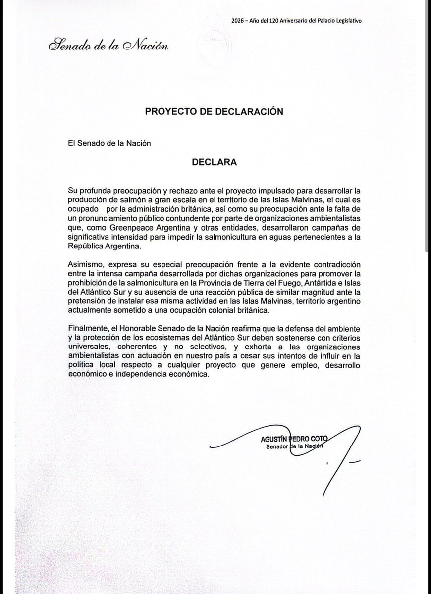 agustinpcoto's tweet photo. GREENPEACE, ¿DÓNDE ESTÁS?

Cuando la salmonicultura se hacía en Tierra del Fuego, era "una amenaza al ecosistema" y había que prohibirla YA.

Ahora que los ingleses quieren hacer exactamente lo mismo en NUESTRAS Islas Malvinas... silencio total. Ni un tuit. Ni un comunicado. Nada.

El ambiente no tiene bandera, dicen. Bueno, demuéstrenlo. Presenté un proyecto en el Senado rechazando la iniciativa impulsada por los usurpadores ingleses y exigiendo a las organizaciones ambientalistas que expliquen esta doble vara.

Las Malvinas son argentinas y fueguinas.
