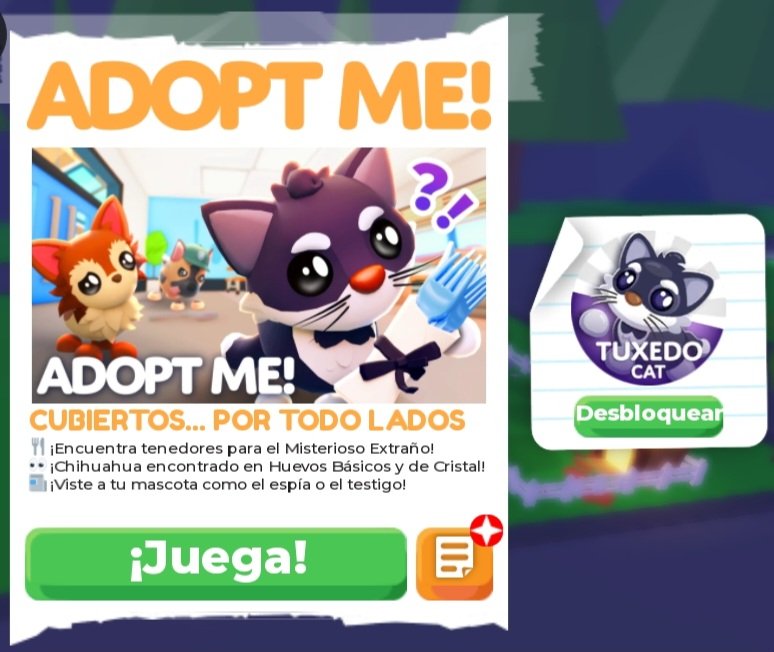 NoticiasAdoptMe's tweet photo. Actualización de Adopt Me 14 de Agosto - 2026
-🍴¡Encuentra tenedores para el misterio extraño!
-📰👓 ¡Nueva ropa de mascotas de espía!
-😼 Nueva mascota: ¡Gato de esmoquin de robux! https://t.co/WAsQXdxUnS