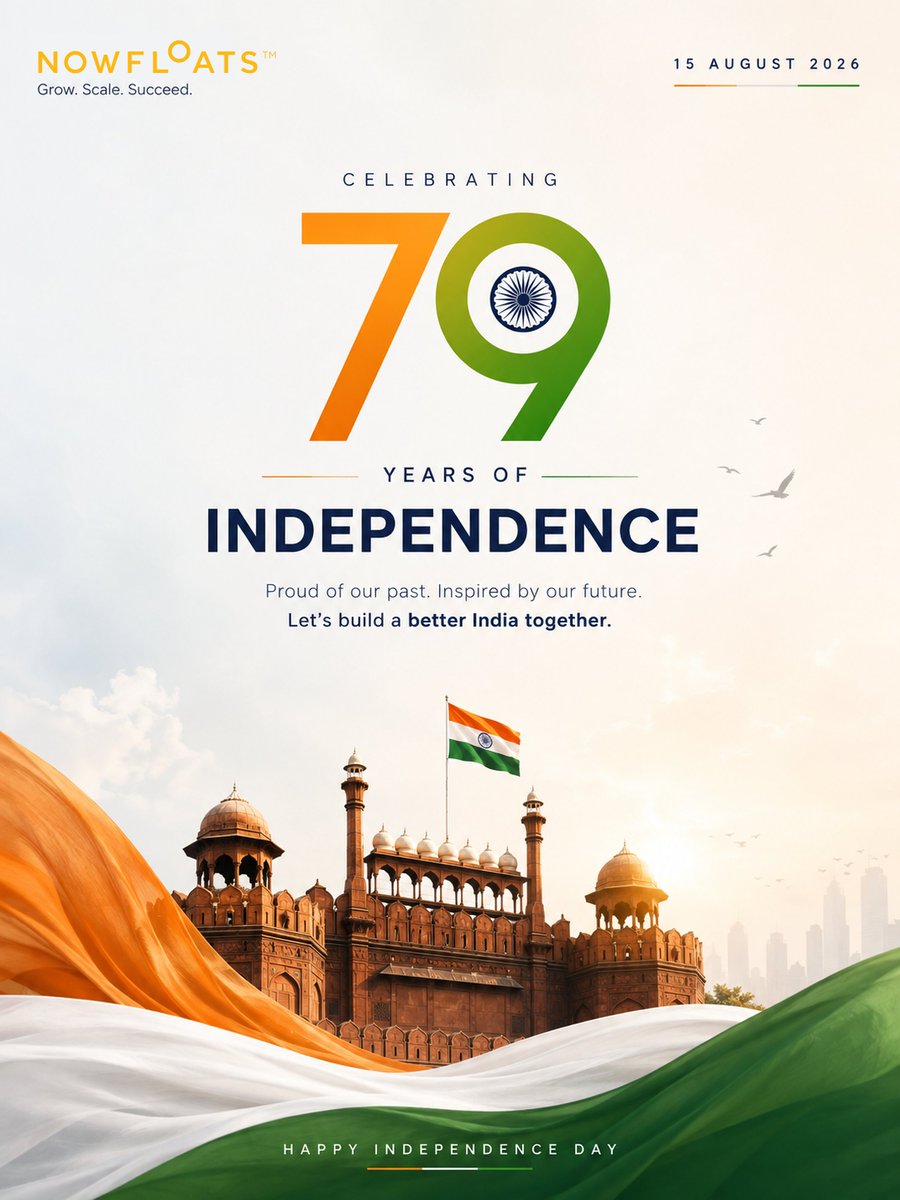 NowFloats's tweet photo. Celebrating 79 years of freedom! 🇮🇳 Let’s grow, scale, and build a better India together. Happy Independence Day!

#HappyIndependenceDay #IndependenceDay2026 #India #JaiHind #DigitalIndia #NowFloats #ProudIndian https://t.co/V0ymc69SbL
