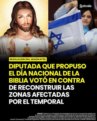 FerMatteotti's tweet photo. Sara Concha, diputada del Partido Social Cristiano conocida por promover el Día de la Biblia, rechaza la reconstrucción de las zonas arrasadas por los temporales. ¿De qué sirve su discurso "cristiano" si le da la espalda a las familias damnificadas cuando más necesitan ayuda? https://t.co/EbFZazm6OB