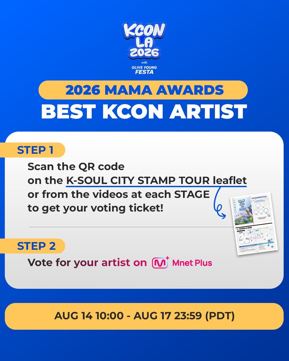 txtvotingcrew's tweet photo. 📢 For every MOA attending KCON LA, scan the QR code and vote for TXT!

Your vote is needed to win BEST KCON ARTIST at MAMA AWARDS 🏆 
Spread the word to many MOA attending KCON LA!!! 💪

🗳 Participate by scanning the VOTE QR code available on the K-SOUL CITY STAMP TOUR leaflet distributed at entry, pre-stage videos before each STAGE, or the M COUNTDOWN PRE-SHOW and VOTE!

🗓 August 14 10:00 PDT to August 17 23:59 PDT

#MO4TXT #MOAISONE
#TOMORROW_X_TOGETHER
