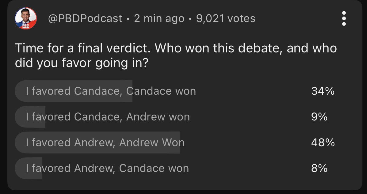 JayTC53's tweet photo. @PBDsPodcast @AllyJKiss The actual audience voted Andrew. 

Candace couldn't provide anything other than "feelings" https://t.co/7osRn7oMcO