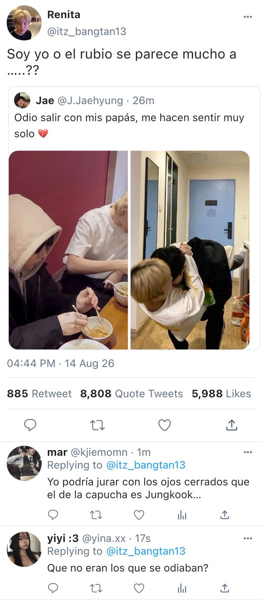 idnsse's tweet photo. Mini mini au #kookminau Donde…

Por una confusión entre cuentas, Jh termina revelando accidentalmente que los famosos solistas J.M y J.K, quienes supuestamente se odian, son sus padres, desatando un completo revuelo en redes. https://t.co/scdFGeTaET