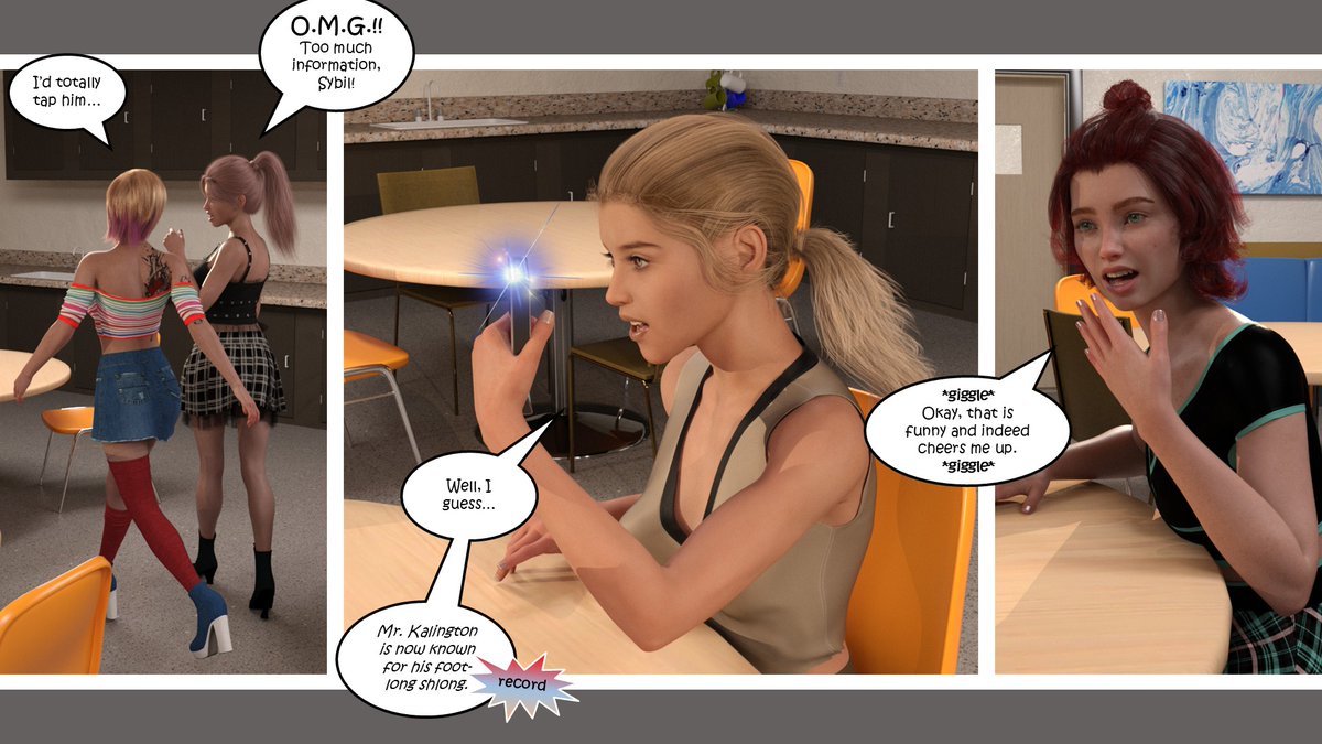 HexxetVal's tweet photo. Stephany’s latest reality-altering twist made her irresistible to men...😈 And she is about to visit her math teacher begging for better grades while Lucy &amp; Stacy record an uncomfortable rumor about him! What can go wrong?
#RealityChange #Transformation #MindControl #Comic https://t.co/ex7CCf24h4
