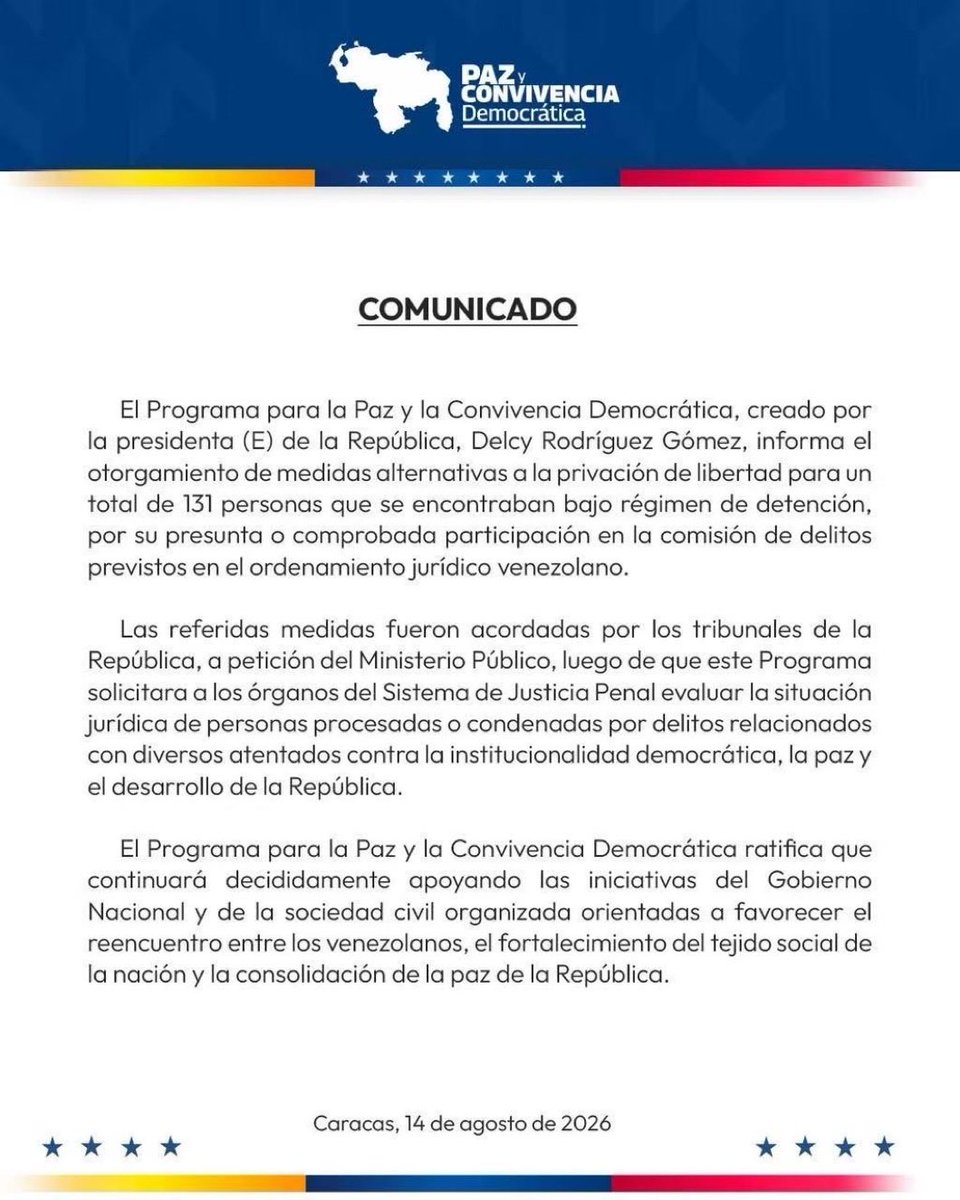 VoluntadPopular's tweet photo. Las autoridades interinas anuncian la liberación de 131 presos políticos.

Por nuestra parte, hasta las 4:58 p. m., solo hemos podido verificar la liberación de 43 presos políticos. 

Seguimos realizando labores de auditoría y revisión para verificar cada caso.

¡Libertad para todos los presos políticos en Venezuela! 🇻🇪

#QueSeanTodos