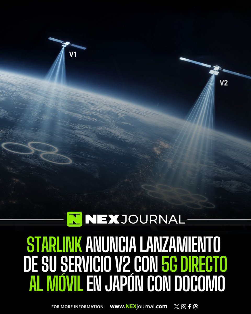 NexJournal's tweet photo. 🇯🇵🇺🇸‼️ | ÚLTIMA HORA — Starlink acaba de anunciar el lanzamiento de su servicio móvil de próxima generación V2 en Japón, en alianza con NTT Docomo. La nueva tecnología llevará velocidades 5G directamente a teléfonos móviles, con capacidad para streaming, navegación y llamadas de voz vía satélite. El servicio V1 ya conecta hoy a más de 6,5 millones de clientes de Docomo con apps y mensajería en zonas remotas. Japón se convierte en uno de los primeros mercados del mundo en acceder a la tecnología satelital directa al celular de segunda generación de Elon Musk.