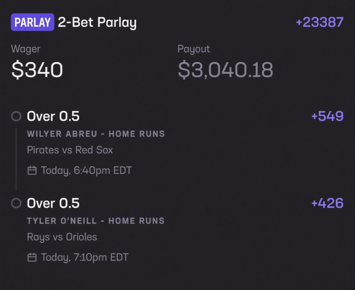 trade72152's tweet photo. 🔥 2-Leg HR Parlay

Two power bats. Two home-run shots. One swing from each and this ticket cashes! 💰🔥

🎯 LET THE BOMBS FLY! 💥⚾@Playbook https://t.co/wCtWIiPhSd