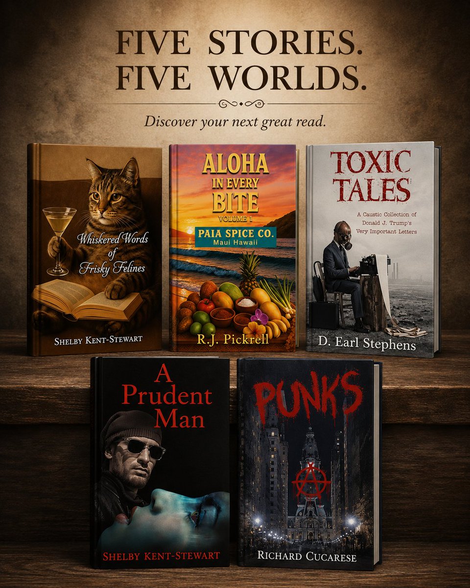 WordsmithsInk's tweet photo. Five books. Five unique experiences.
📖 Satire: Toxic Tales (@EarlOfEnough)
 🌆 Fiction: Punks (@CucareseRichard)
 🔍 Mystery: A Prudent Man (@ShelbyKStewart)
 🌺 Cookbook: Aloha in Every Bite
 🐈 Cat humor: Whiskered Words of Frisky Felines
#BookRecommendations #IndieBooks https://t.co/pyMw6VxdRN