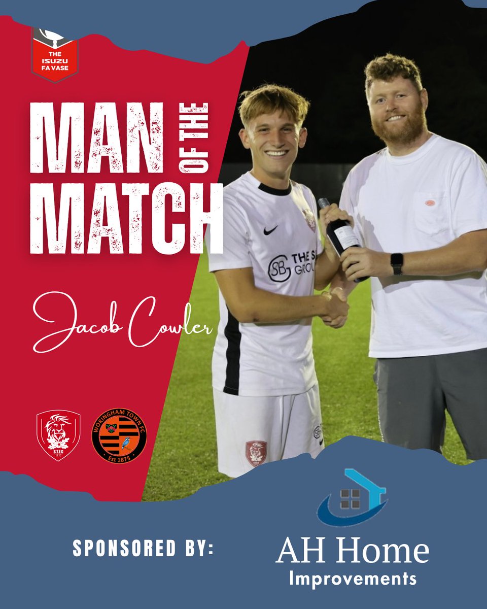 Sandhursttownfc's tweet photo. 🌟 MAN OF THE MATCH 🌟

A top performance from Jacob Cowler, your Man of the Match in tonight’s 4-1 win! 🔴⚪

Jacob is proudly sponsored by AH Home Improvements 🤝

Well played, Jacob! 👏

#STFC #ManOfTheMatch #UpTheFizzers https://t.co/NEwXrLnFGv