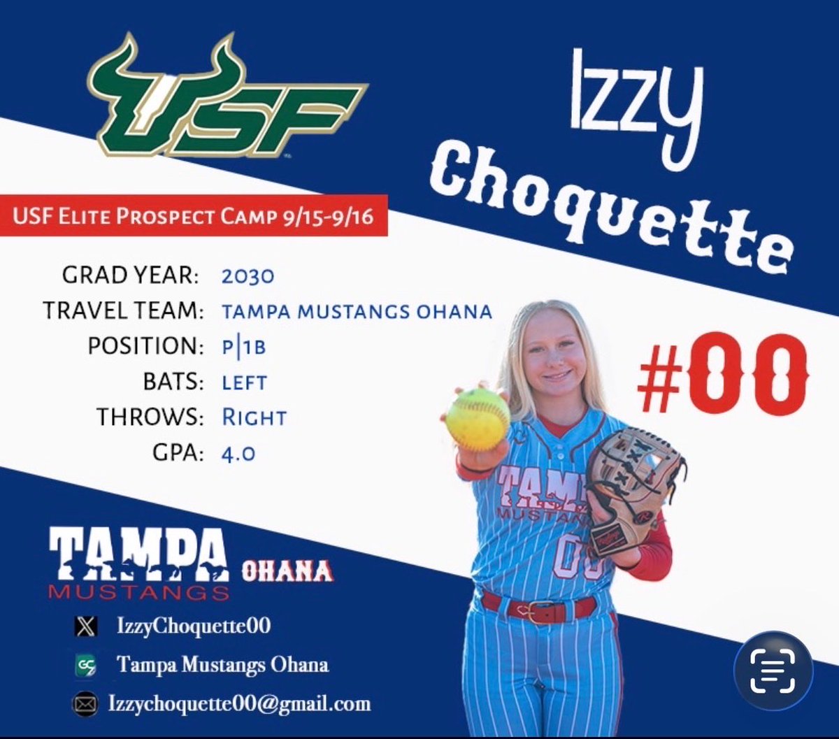 IzzyChoquette00's tweet photo. Super excited for the HS Elite Prospect Camp Saturday and Sunday!! I can’t wait to see you guys again, GO BULLS 🤘🏻 @SBCoachNavi @USFSoftball @CoachKarlaUSF @OhanaSoftballFL @TampaMustangs https://t.co/f1Q9L9s7Yu