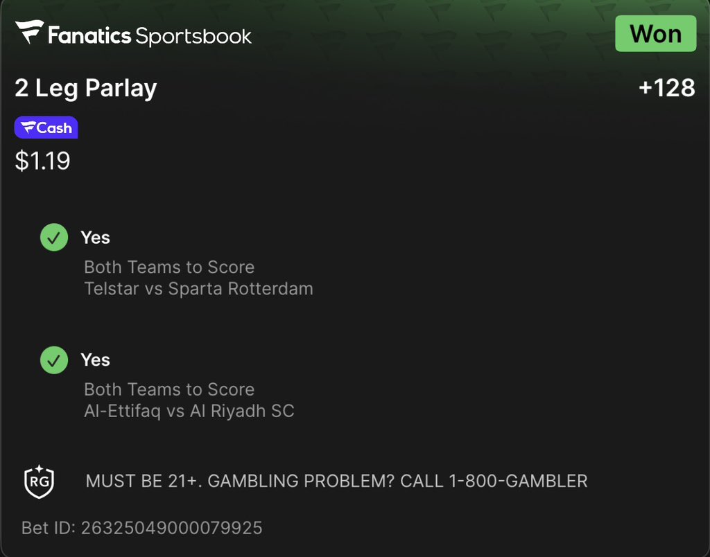 A2ZPICKS1's tweet photo. 🏆🔥 ANOTHER FREE PLAY WINNER!
⚽️ 2-LEG BTTS PARLAY (+128) ✅
💰 2 UNITS CASHED
Both matches delivered. Another winner for the X free plays! 💵
#A2ZPICKS #FreePlay #SoccerPicks #BTTS #Winner https://t.co/PWskDyKF4v
