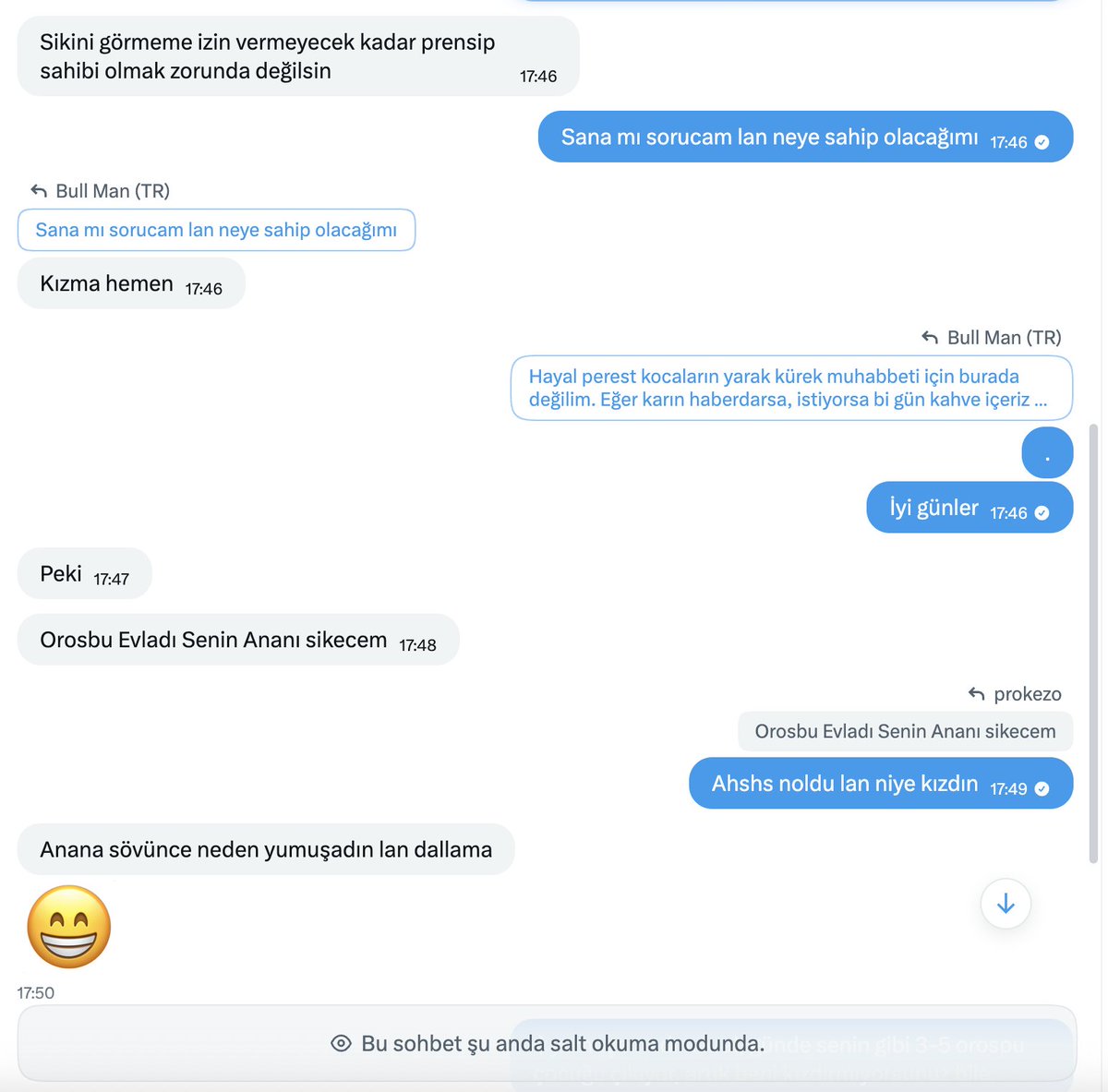 bull_man_tr_x's tweet photo. Size tek bir kişiyle mesajlaşmadan değil, DM kutumda yüzlerce örneği bulunan bir "fenotip"ten bahsetmek istiyorum.

Burada en sık karşıla��tığım tip olan; muhtemelen toplumda, ailesinde veya çevresinde herhangi bir itibarı, vasfı, ağırlığı olmayan, önce göstermelik "nezaket ve iltifatla" yaklaşan, reddenince karısının/sevgilisinin fotoğrafını kadından habersiz paylaşan, yine reddedince içindeki "çirkef" ortaya çıkan,  "ezik, silik, vasıfsız, hadsiz, özgüvensiz" bir "fenotip"ten...

Bugüne kadar çoğunun gerçek adını, yüzlerini dahi unuttuğum kadar Cuckold Çift veya tek kadınla görüştüm. Cuckold Çift'lerin çoğunun kocasında erken boşalma, ereksiyon olamama/kalamama vb. gibi cinsel sorunlar var, ki bu ne onların ne benim "sorun" olarak gördüğümüz şeyler değil. İnanın bana hiç birinde topluma veya ailesine yansıyan bir "özgüvensizlik, eziklik, siliklik" vb. gibi bir problem görmedim. 

Gerçek cuckold/hotwife çiftler: Karı-koca birlikte, açık rıza ile "birlikte" hareket ediyor. Erken boşalma, ereksiyon sorunu vs. olabilir ama bunlar “utanç” veya “eziklik��� olarak yansımıyor. Adamın toplumsal itibarı, işi, ailesi, sosyal çevresi genellikle yerinde. Bu insanlarda “siliklik” hissi yok, sadece cinsel "sorun/hastalıkların" kendilerince tespiti var. Cuckold Çift/Bull ilişkisi özel alanda/şehvet anında ne kadar coşkulu ve "ahlaksız" olursa olsun, o an dışında "saygı, nezaket ve görgü" kuralları prensibince işler. Ne kocaya hakaret edilir, ne ezilir, ne sorunları konuşulur. Cuckold; 3 kişinin farklı zevkler aldığı kolektif bir fantezidir ve öyle yaşanır.

Mesaj örneğinde olduğu gibi böylesine psikolojik problemler ve problemli tipler genelde hayat arkadaşından, karısından/partnerinden gizli bi şekilde onu paylaşmak isteyen, porno izlemekten beyni sulanmış, gerçeklik algısını kaybetmiş, kadının "gizliliğini ve güvenliğini" dahi önemsemeden yüz açık fotoğraflarını önüne gelen herkesle paylaşan ruh hastası, sapık tipler... Bence kesinlikle toplum için de potansiyel tehdit oluşturuyorlar ve acilen tespit edilmeleri, temel vatandaşlık hakları da dahil bütün hakların ellerinden alınıp toplumdan uzak bir yerde izole edilmeleri gerekiyor. 

Bu tiplerin "hadsiz özgüveni" de sadece sosyal medyaya yöneliktir bu arada. Gerçek hayatta karşılaşsak en iyi ihtimalle saygı komasına girerler, ilk zamanlarımda bu hadsizliğe dayanamayıp taktığım bi kaçıyla "karşılaşmıştık", oradan biliyorum...

Bilirsiniz kimseyi ifşalamak, önünüze atıp hedef göstermek, rencide etmek adetim değildir. Bu "fenotip"lerle muhatap olmak, tartışmak vs de adetim değildir. Ama bu mesajlaşma da sosyal medyada birilerine yazabiliyor olmanın, üstüne bir de "ulaşabiliyor" olmanın, bir insana nasıl hadsiz bir özgüven verdiğinin tipik bir örneği...

Bakın, burada herkes ayrı bi dünya, herkesin fantezi anlayışı, beklentisi, tarzı başka. Beklenti, uyum görülenlerle iletişime geçmek istemek kadar doğal bir şey yok. Ama en azından temel "nezaket, saygı ve görgü" kurallarında olmalı. 
Karşılıklı rıza ve arzu dahilinde "ahlaksızlık" yapıyor olabiliriz ama ben bugüne kadar hiç kimseyi taciz etmedim, rahatsız etmedim, taleplerim karşılanmıyor diye çirkefleşmedim.

Normalde eli sikinde abazalar arayış paylaşıyor diye gönderilerim "yanıtlara" kapalı. Ama bu gönderimin "yanıtlar"ını açık bırakıyorum; söylediklerimin aksini ispat etmek isteyen varsa, delilleriyle buyursun.