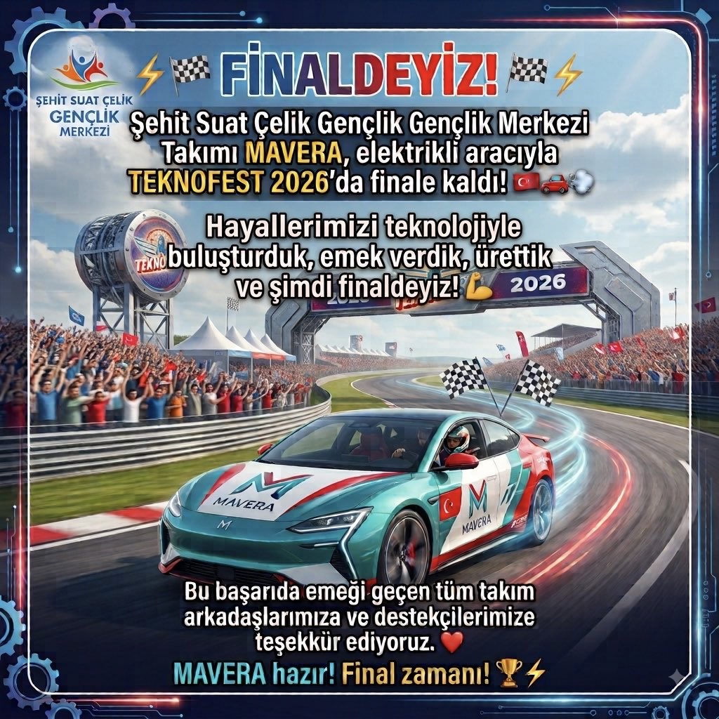 gsb_suatcelikgm's tweet photo. ⚡🏁 FİNALDEYİZ! 🏁⚡
Şehit Suat Çelik Gençlik Merkezi Takımı MAVERA olarak, elektrikli aracımızla TEKNOFEST 2026’da finale kalmanın gururunu yaşıyoruz! 🇹🇷🚗💨 https://t.co/5obOIPiqsj