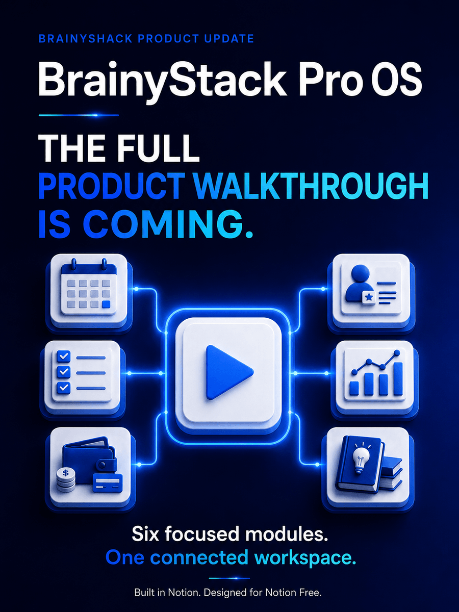 BrainyShack's tweet photo. A full BrainyStack Pro OS product walkthrough is coming soon.

We’ll take you inside all six modules and show how content, projects, finance, clients, analytics and knowledge work together across one connected Notion workspace.

#Notion #Productivity

https://t.co/N41PzoLjIR https://t.co/mFp5ZfBIDA