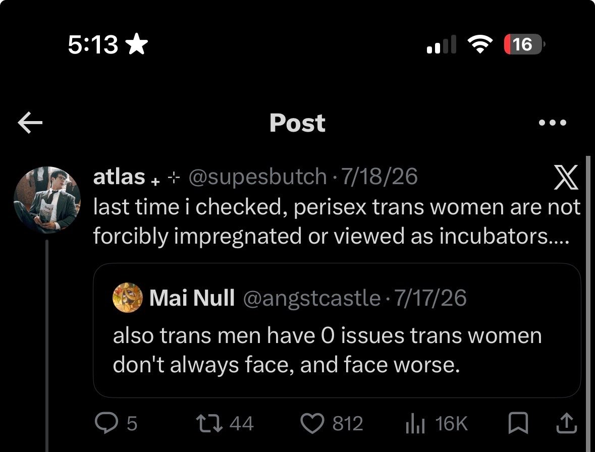 supesbutch's tweet photo. + trans women and we always have it worse”.  this is the screenshot of the LITERAL post.  it wasn’t a trans woman opening up about her experience with rape, it was someone blatantly erasing the unique things trans men face, which is why i brought up something + https://t.co/0potdYcjLK