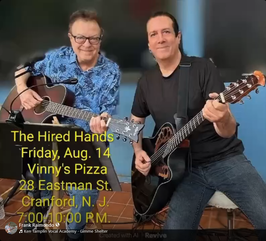 GutterKingsRock's tweet photo. TONIGHT (August 14)! “Frank &amp; Nelson - The Hired Hands” acoustic duo will be playing at Vinny's Pizza &amp; Pasta in #CranfordNJ. Music goes from 7-10pm outside (across from the Cranford Theatre) at 28 Eastman St.  Come enjoy some cool tunes! 
Event info: https://t.co/qsjPcU944Z https://t.co/i3HkzASbDE