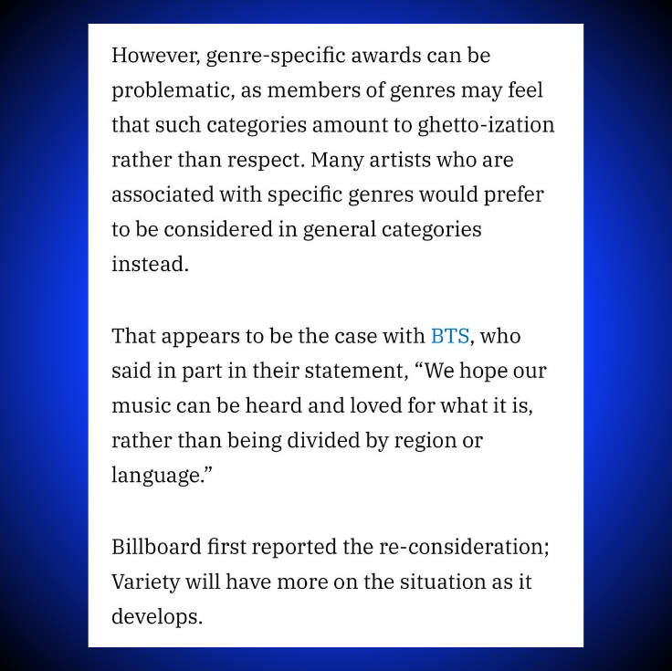 TheePopCore's tweet photo. Variety on reports that the Recording Academy may revamp the “Best Asian Pop Music Performance” category:

— “Genre-specific awards can be problematic, as members of genres may feel that such categories amount to ghetto-ization rather than respect. Many artists who are associated with specific genres would prefer to be considered in general categories instead.”