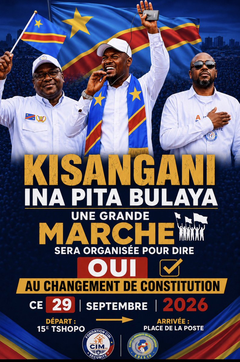 seigneurCHRIS01's tweet photo. 🇨🇩 KISANGANI INA PITA BULAYA ! ✊🏾🔥

Ce 19 Septembre 2026, la Fondation CIM, aux côtés de l’ADESCO, organise une grande marche populaire pour dire :

OUI AU CHANGEMENT DE CONSTITUTION ! 🇨🇩

📍 ITINÉRAIRE :
Départ : 15ᵉ Tshopo
Arrivée : Poste

Nous marcherons ensemble pour soutenir l’avènement d’une 4ᵉ République.

KISANGANI INA PITA BULAYA ! 🇨🇩✊🏾