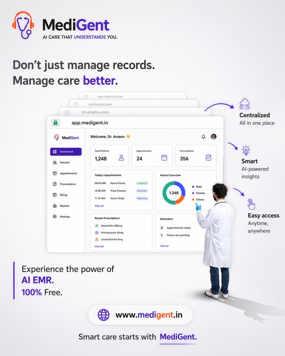 medigent_'s tweet photo. Don’t just manage records—manage care better. 🩺 MediGent’s Free AI EMR brings patient records, appointments, prescriptions and smart insights together in one place, making everyday practice simpler and smarter. Explore MediGent at https://t.co/AVJhiVEcVM https://t.co/E1GHtn8LyN