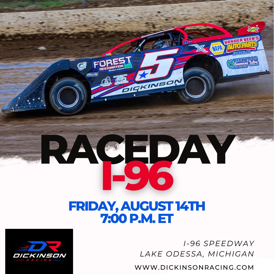 DickinsonRacing's tweet photo. We’re headed down I-96 for Friday Night racing! ✨ 

🏁: @i96speedway 
📍: Lake Odessa, Michigan
🕰: 7:00 p.m. ET https://t.co/l80Fr6KJvr