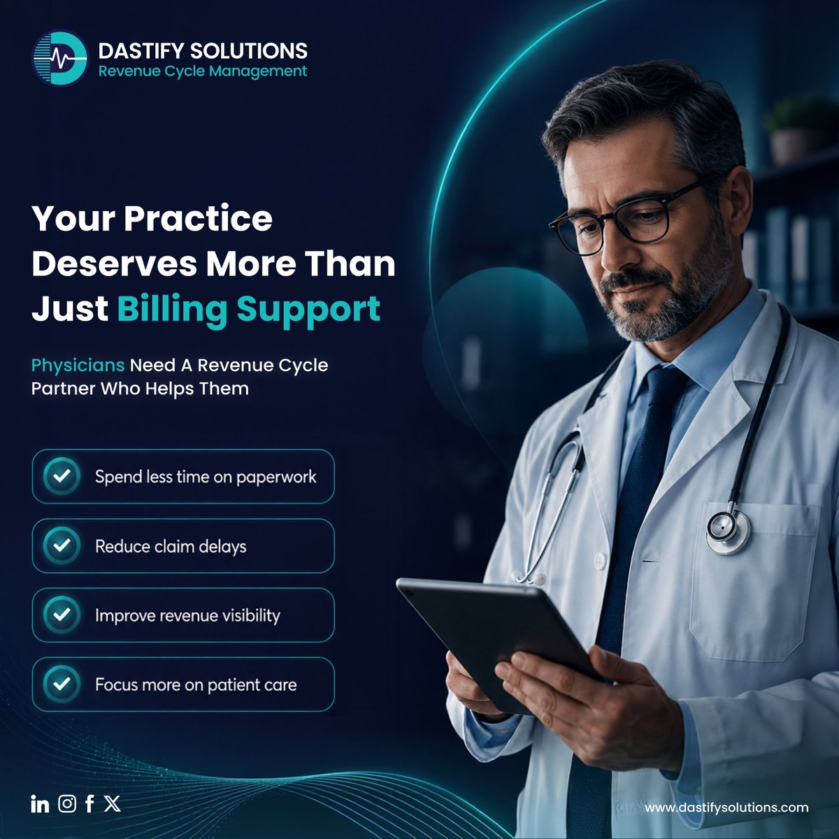 dastifyUSA's tweet photo. Physicians shouldn’t have to choose between managing billing challenges and caring for patients. 

A strong revenue cycle partner goes beyond claim submission; helping practices reduce administrative burden, identify revenue gaps, and create a smoother path to reimbursement. 

Because better billing support means more time for what matters most: patient care.

#medicalbilling #rcm #dastifysolutions #healthcarerevenuecycle #physicianpractice #medicalpracticemanagement #healthcareproviders #revenuecyclemanagement