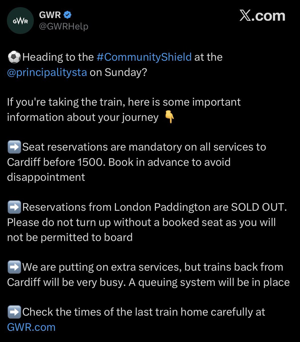 RightAtTheEnd_'s tweet photo. @GWRHelp Thanks, but that contradicts your advice given on the website and X (attached). We’re not worried about standing - it’s whether the tickets we have bought not being usable despite the Trainline T&amp;Cs saying they can be. And losing money and time on Sunday. Can we board or not? https://t.co/tKbuGloS1n