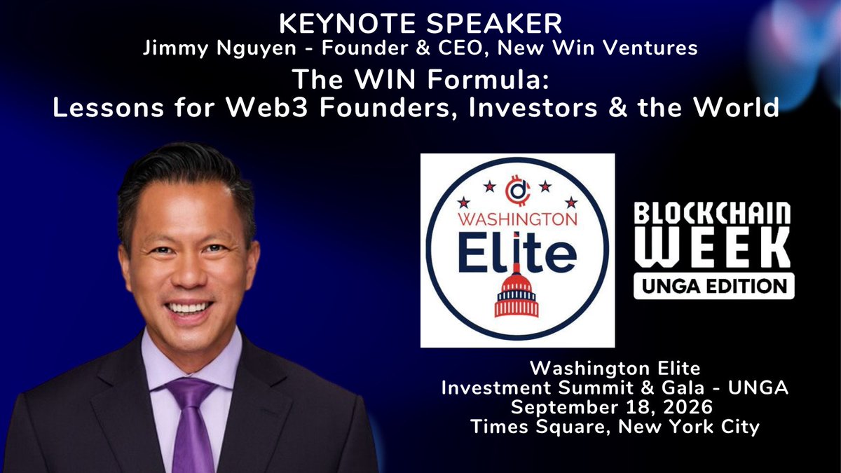 iamJimmyWIN's tweet photo. "The WIN Formula"
Lessons for Web3 Founders, Investors & the World

Keynote speech coming to #Blockchain Week -
#UNGA (#UnitedNations General Assembly) edition

Sharing lessons (from wins & losses) over a 30 year career at forefront of new digital eras:
⚖️ 21 years IP/#tech lawyer starting at Internet boom
🪙 10 years tech biz exec; early #Bitcoin/blockchain industry leader since 2016
🌍 Business interactions in 30+ countries

Sept 10-19: UN @BlockchainWeeks
Sept 18: @WashingtonElite Investment Summit & Gala 
Info: https://t.co/XYNdoiuf7g & https://t.co/7hcUyjWsJI 

Powered by @NetworksManager @SirDavidPorter @c3ntrx @NFTfarming1